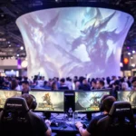 Gamers play fantasy games at a packed gaming expo, surrounded by glowing monitors and vivid screens.