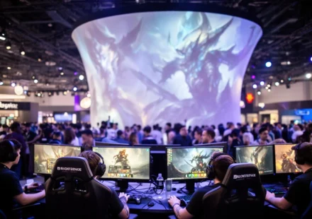 Gamers play fantasy games at a packed gaming expo, surrounded by glowing monitors and vivid screens.
