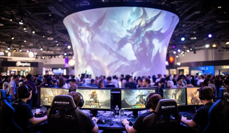 Samsung Unveils Full-Stack Ecosystem Innovations for Gamescom 2026 Gamers play fantasy games at a packed gaming expo, surrounded by glowing monitors and vivid screens.