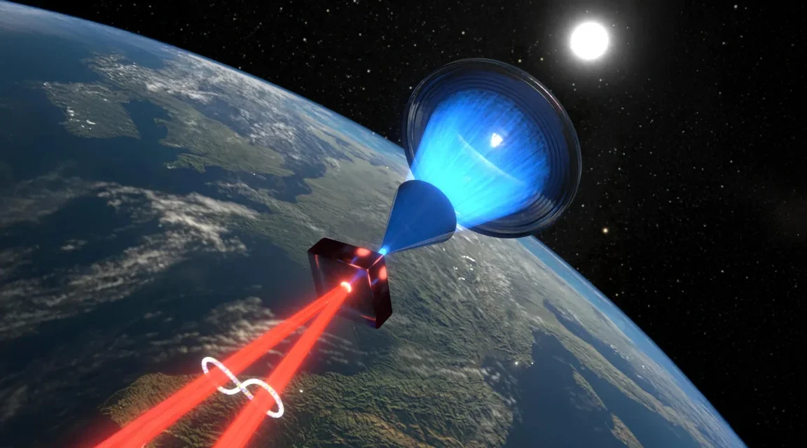 Illustration of sunlight powering a quantum entanglement experiment above Earth from space orbit view