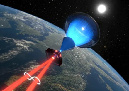 Illustration of sunlight powering a quantum entanglement experiment above Earth from space orbit view