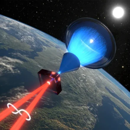 Illustration of sunlight powering a quantum entanglement experiment above Earth from space orbit view