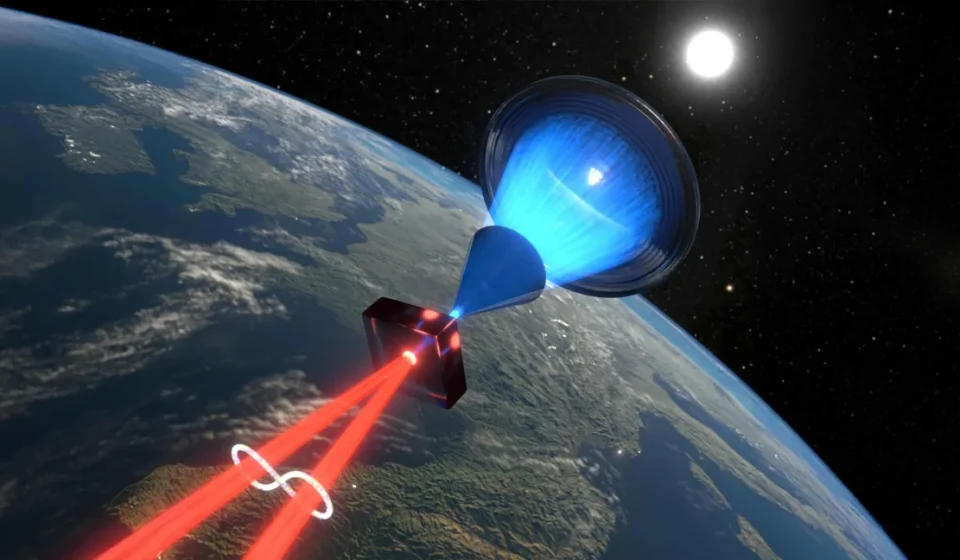 Illustration of sunlight powering a quantum entanglement experiment above Earth from space orbit view
