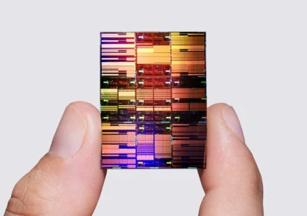 A semiconductor chip held between fingers displays a detailed multicolored circuit pattern up close.