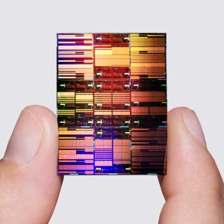 A semiconductor chip held between fingers displays a detailed multicolored circuit pattern up close.