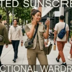 Woman applying tinted sunscreen on a city street, showcasing a practical capsule wardrobe and daily style.