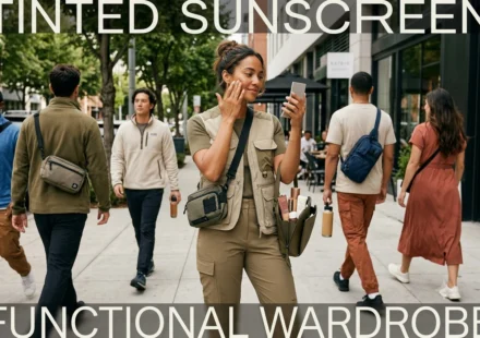 Woman applying tinted sunscreen on a city street, showcasing a practical capsule wardrobe and daily style.