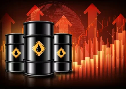 Oil barrels stand before rising charts and arrows, symbolizing global oil price gains and market risk.