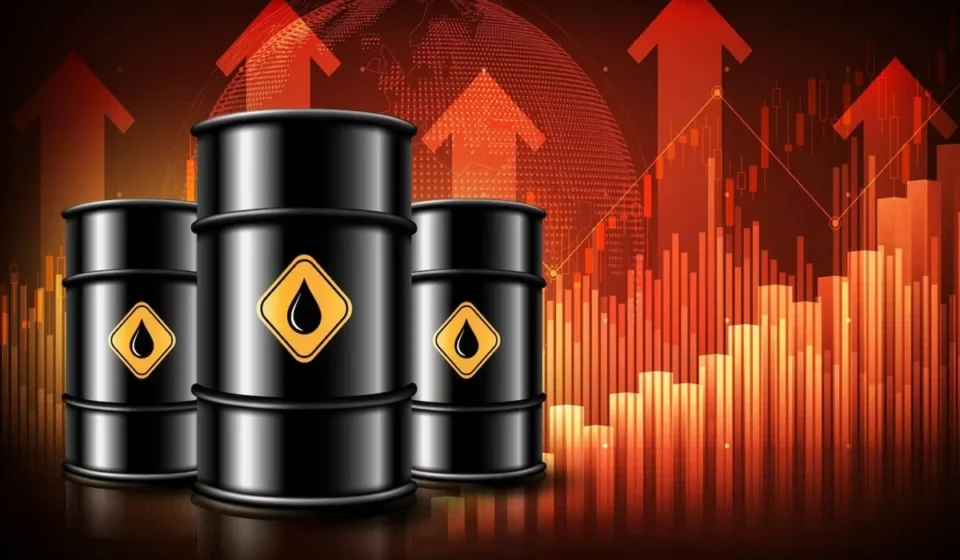 Oil barrels stand before rising charts and arrows, symbolizing global oil price gains and market risk.