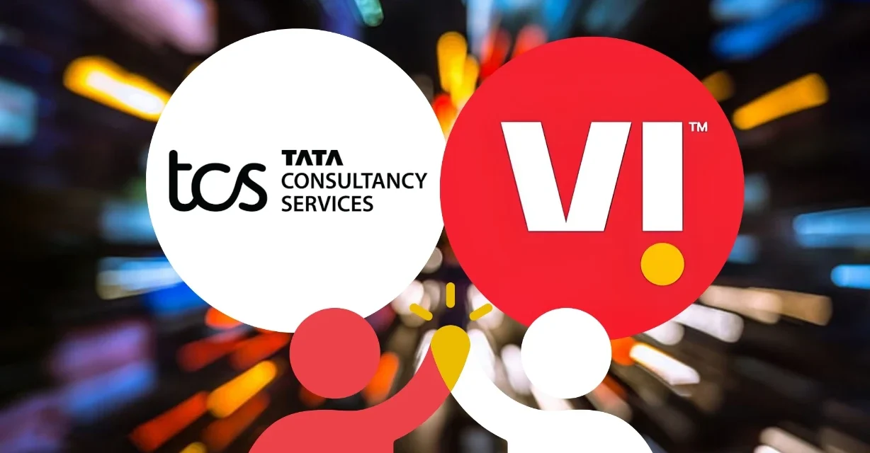 TCS and Vodafone logos appear together over a colorful digital network background, highlighting their partnership.
