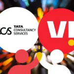TCS and Vodafone logos appear together over a colorful digital network background, highlighting their partnership.