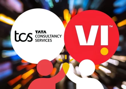 TCS and Vodafone logos appear together over a colorful digital network background, highlighting their partnership.