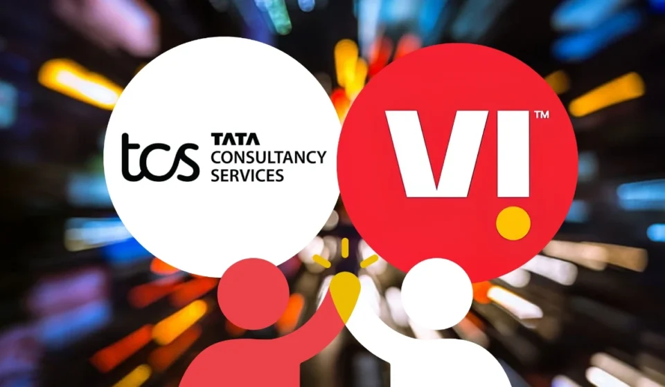 TCS and Vodafone logos appear together over a colorful digital network background, highlighting their partnership.