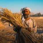 Farmer holding wheat in sunlit field, reflecting grain production and food security needs worldwide.