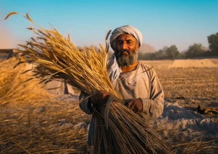Farmer holding wheat in sunlit field, reflecting grain production and food security needs worldwide.