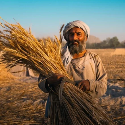 Farmer holding wheat in sunlit field, reflecting grain production and food security needs worldwide.
