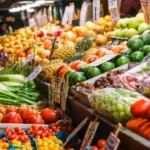 Fresh produce fills a busy market stall as global food commodity prices hit three year high this July