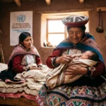 Indigenous midwife holds newborn as a younger woman learns traditional maternal care practices today.