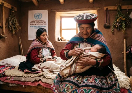 Indigenous midwife holds newborn as a younger woman learns traditional maternal care practices today.