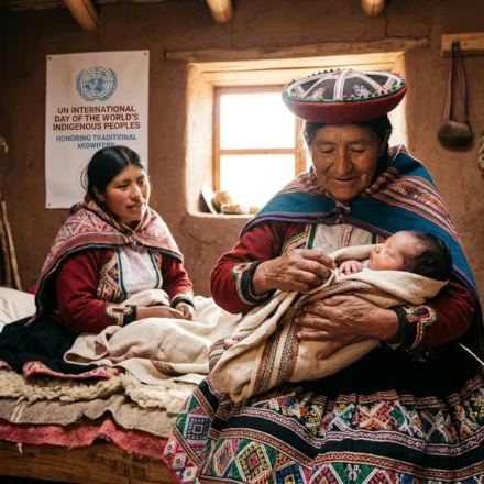 Indigenous midwife holds newborn as a younger woman learns traditional maternal care practices today.