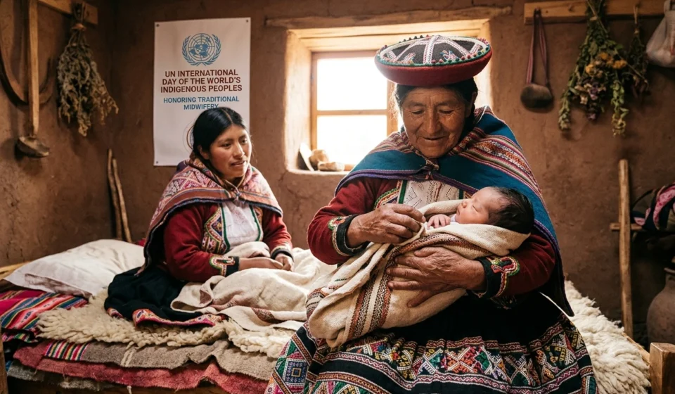 UN Marks Indigenous Peoples Day Honoring Traditional Midwifery Indigenous midwife holds newborn as a younger woman learns traditional maternal care practices today.