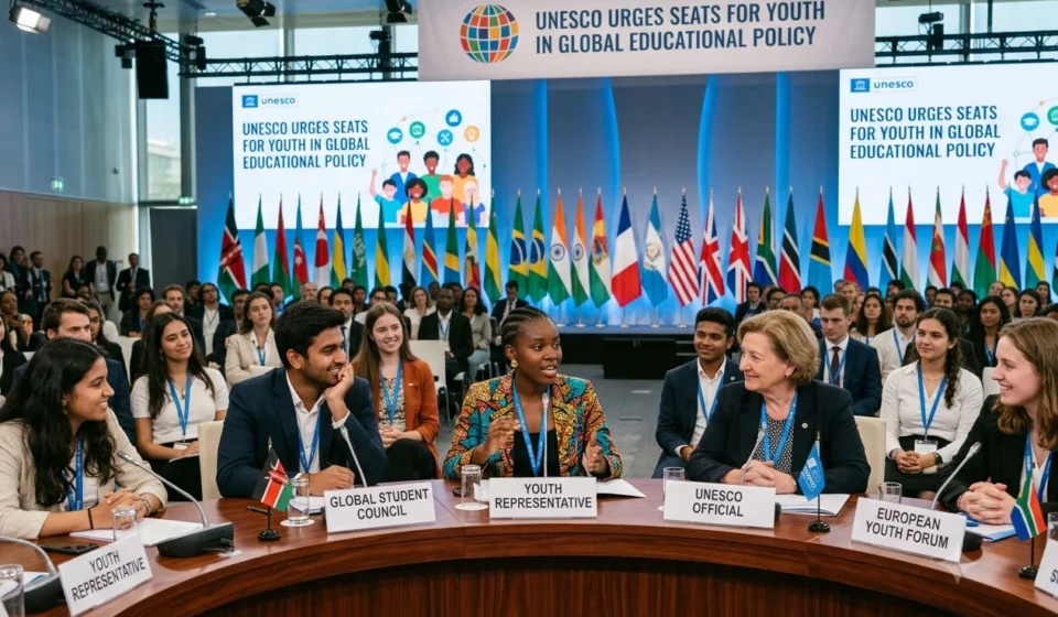UNESCO officials and student delegates discuss youth participation in global education policy at an international forum.