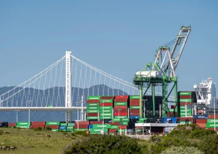 Cargo containers and cranes at a busy US port beneath a suspension bridge reflecting global trade.