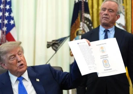 Donald Trump holds a document on childhood vaccines as Robert F. Kennedy Jr. stands behind him here.