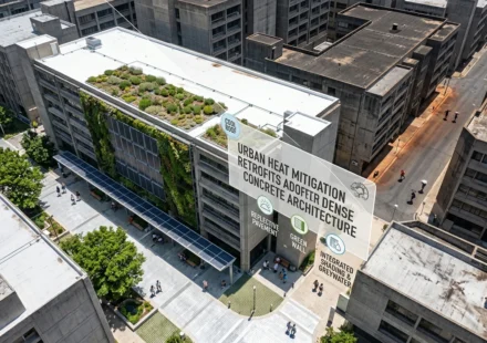 Concrete city buildings feature cool roofs, green walls, shaded walkways, trees, and solar panels.