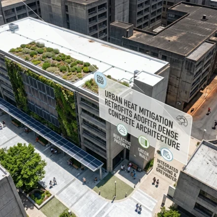 Concrete city buildings feature cool roofs, green walls, shaded walkways, trees, and solar panels.