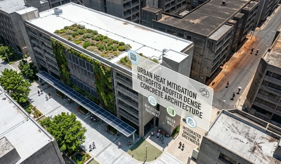 Urban Heat Mitigation Retrofits Adopted for Dense Concrete Architecture Concrete city buildings feature cool roofs, green walls, shaded walkways, trees, and solar panels.