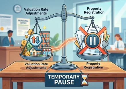 Illustration of valuation rate changes causing temporary pause in property registration procedures today.