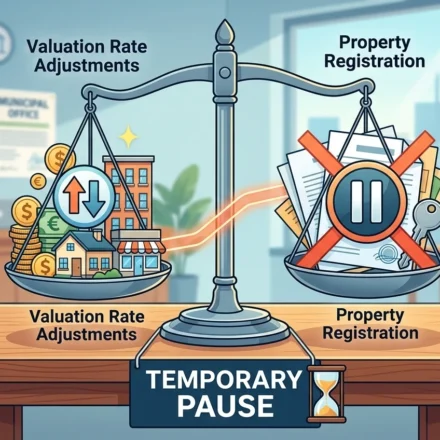 Illustration of valuation rate changes causing temporary pause in property registration procedures today.
