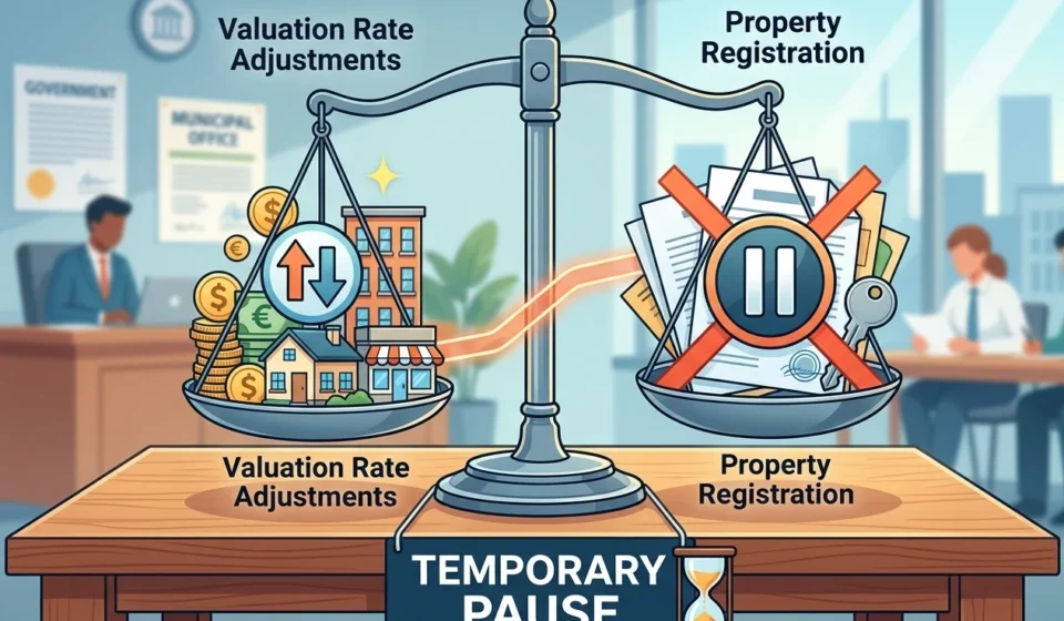 Valuation Rate Adjustments Cause Temporary Property Registration Pause Illustration of valuation rate changes causing temporary pause in property registration procedures today.