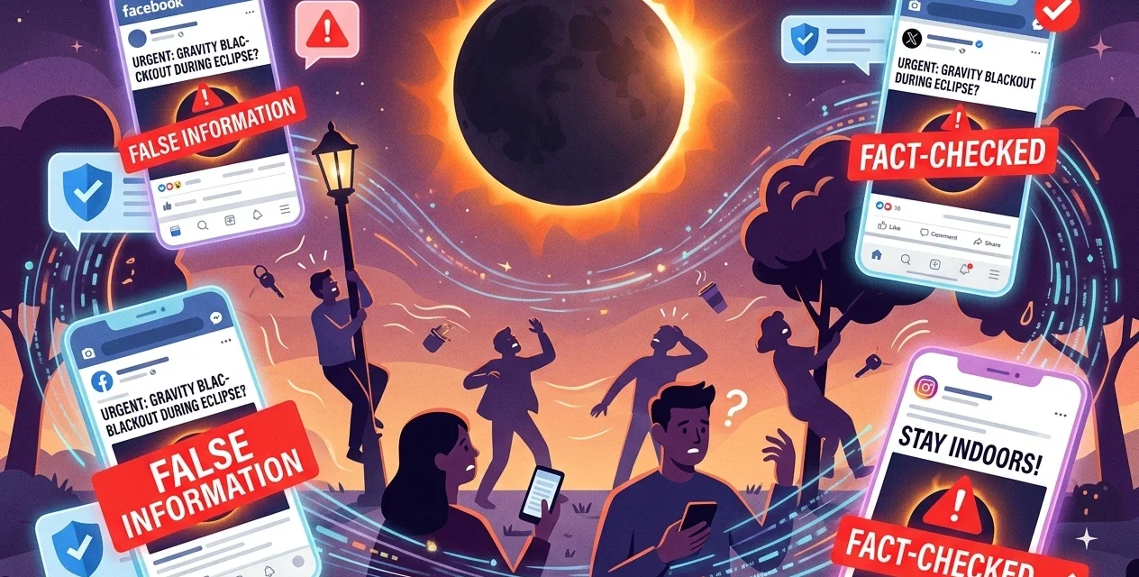 Solar eclipse surrounded by posts spreading a false gravity blackout hoax and platform fact checks.