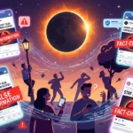 Solar eclipse surrounded by posts spreading a false gravity blackout hoax and platform fact checks.