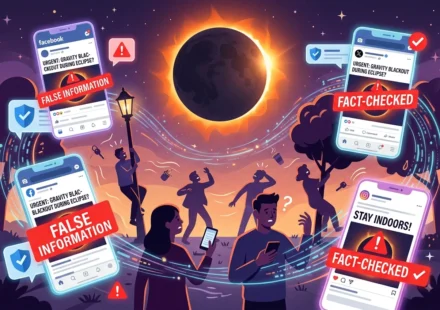 Solar eclipse surrounded by posts spreading a false gravity blackout hoax and platform fact checks.