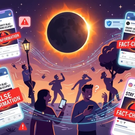 Solar eclipse surrounded by posts spreading a false gravity blackout hoax and platform fact checks.