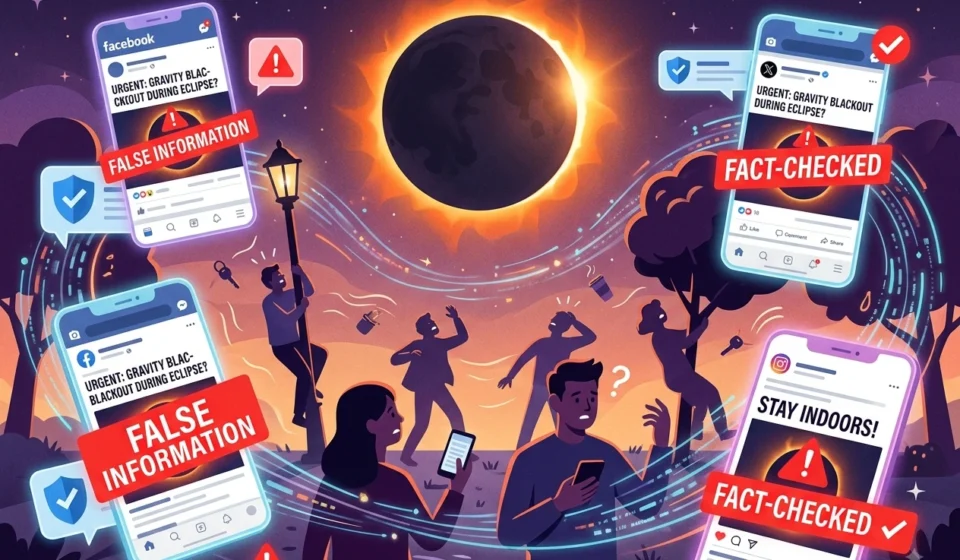 Solar eclipse surrounded by posts spreading a false gravity blackout hoax and platform fact checks.